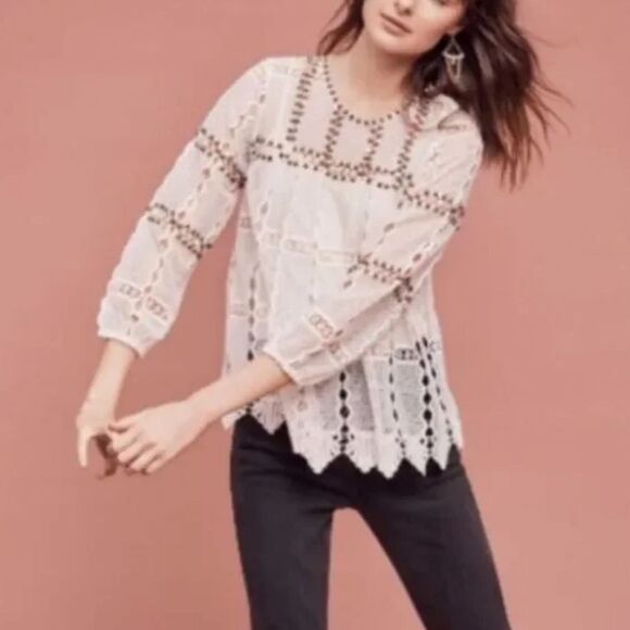 Anthropologie Maeve Auralis Studded Lace Sheer Blouse Ivory Women's Small Boho - Picture 1 of 8